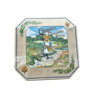 Cadbury Chocolate Biscuits Vintage Octagonal Tin Cream Girl Cat Garden Decor